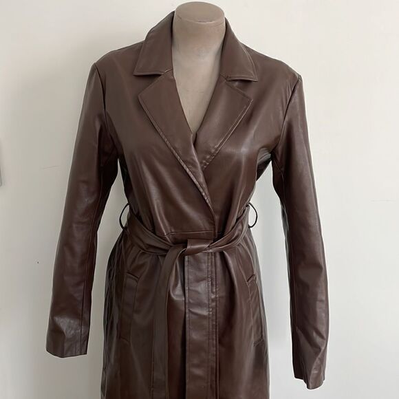 NWT Brown vegan leather trench coat jacket - Picture 7 of 11
